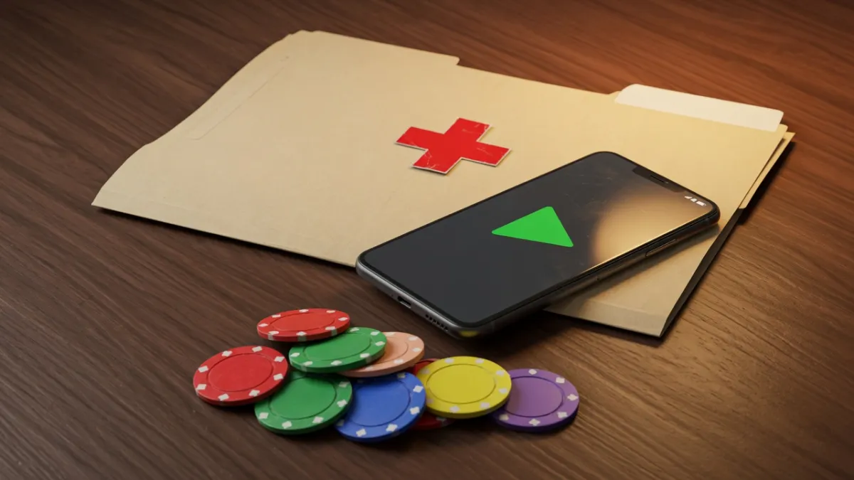 Crossed-out paper next to a smartphone and casino chips